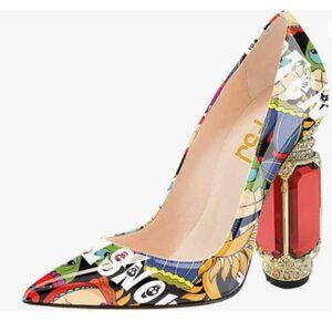 FSJ Cartoon Bridal Pointed Toe Chunky Heel Crystal Pumps Slip on Wedding Shoes